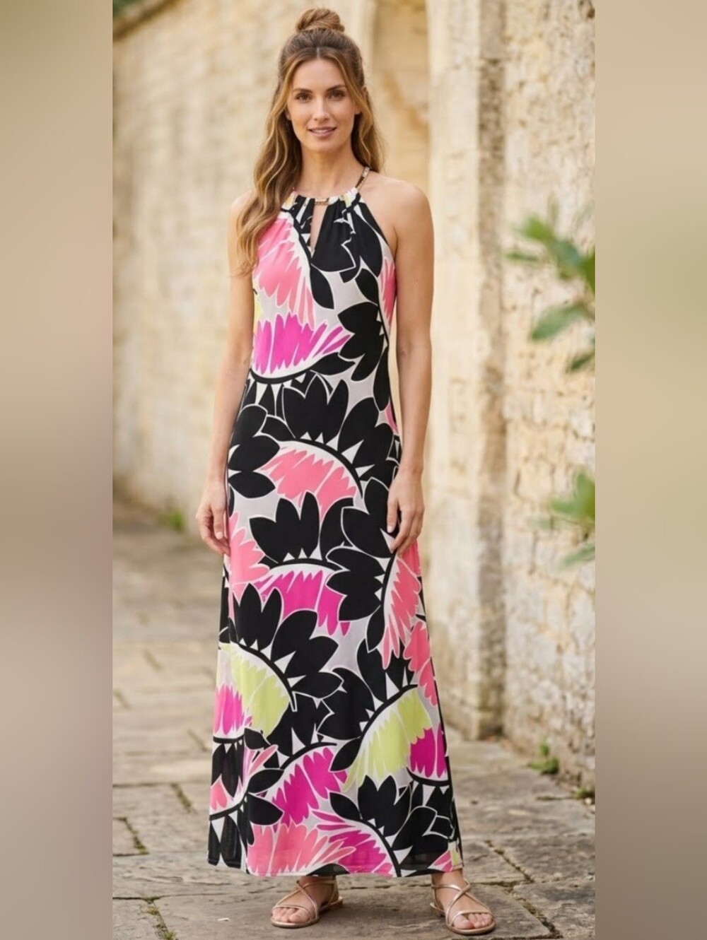 London Times Jewel Halter Maxi Dress Bold Abstract Floral Pink Black Green